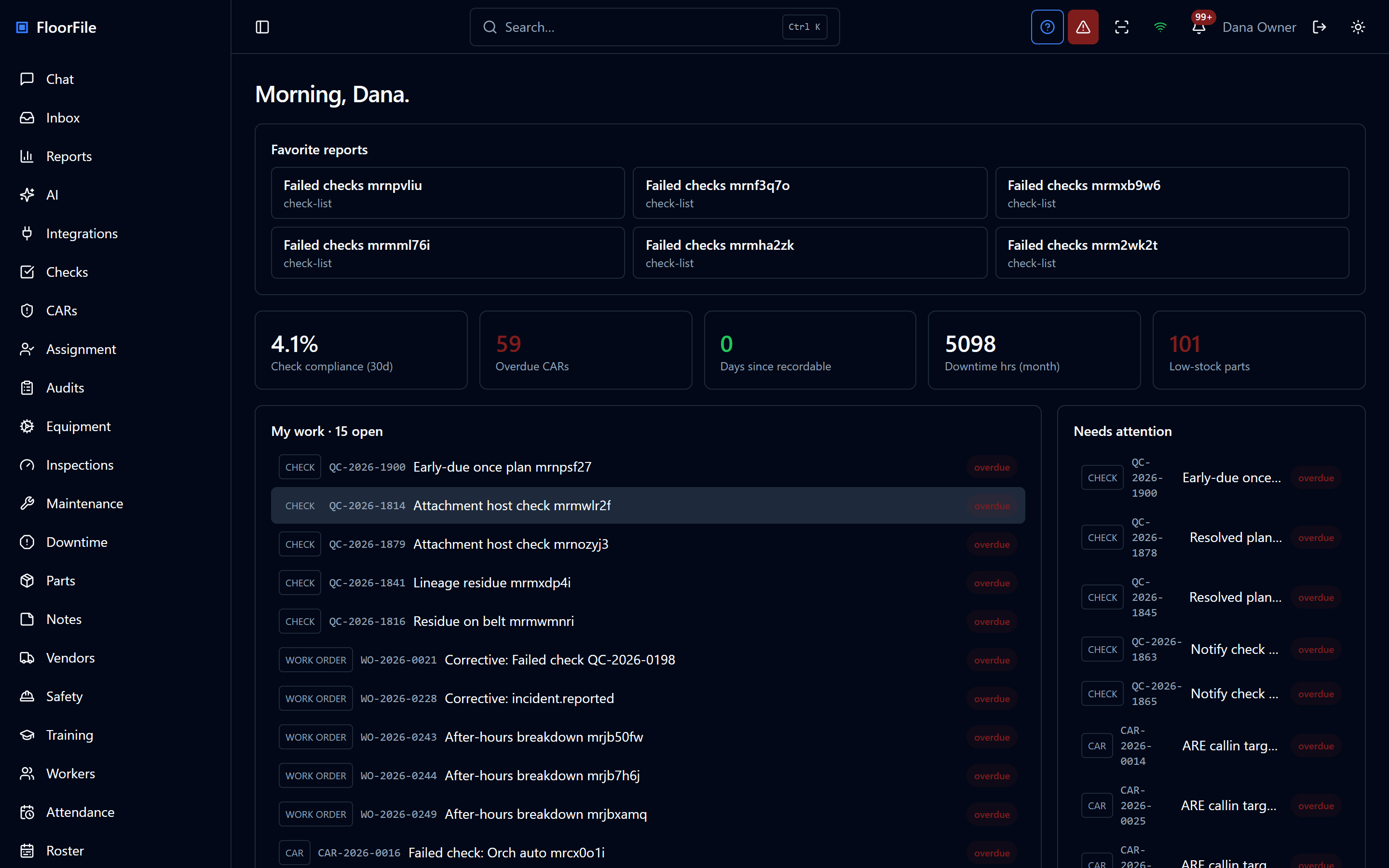 The FloorFile dashboard in dark mode